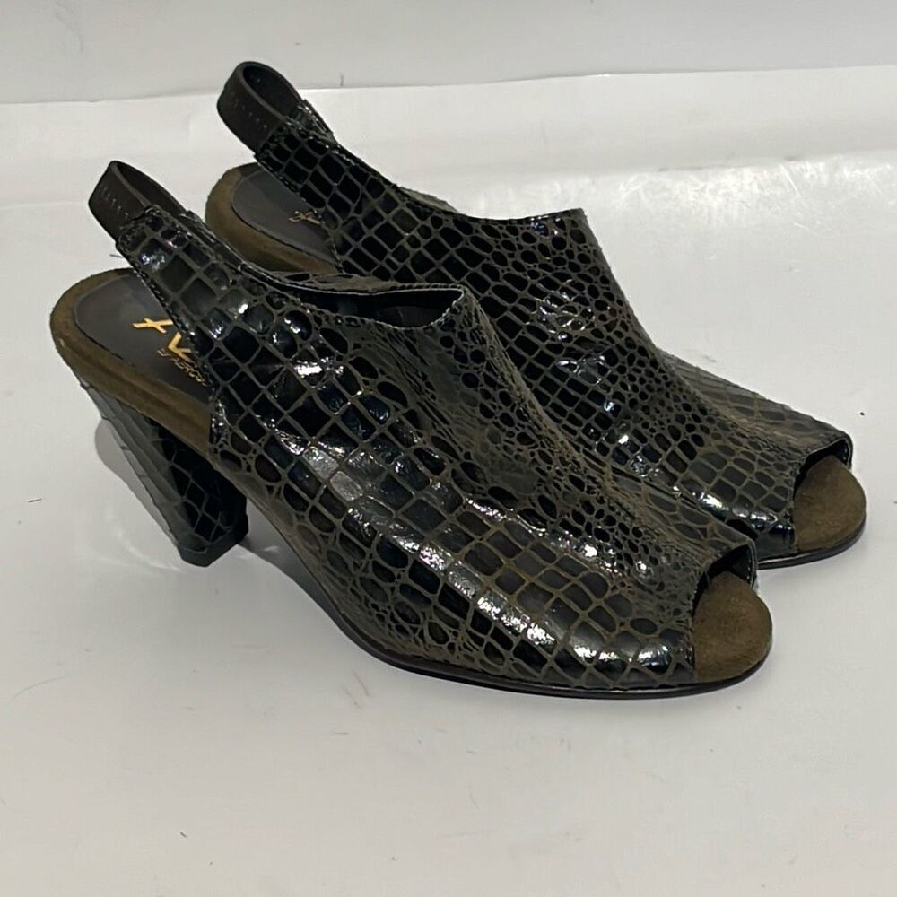 A2 by Aerosoles Women's Viva Black Tan Croc Peep Toe Slingback Heels Size 6M